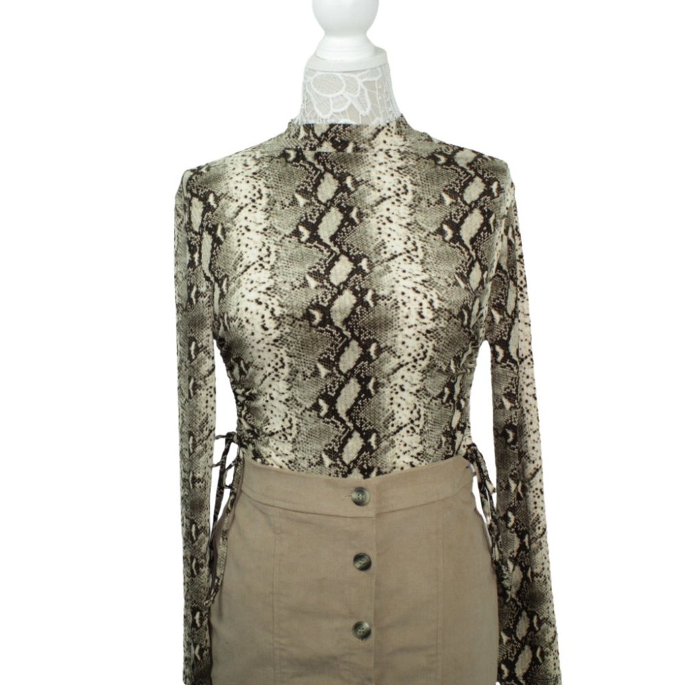 Snake Print Mock Neck Long Sleeve Crop Top